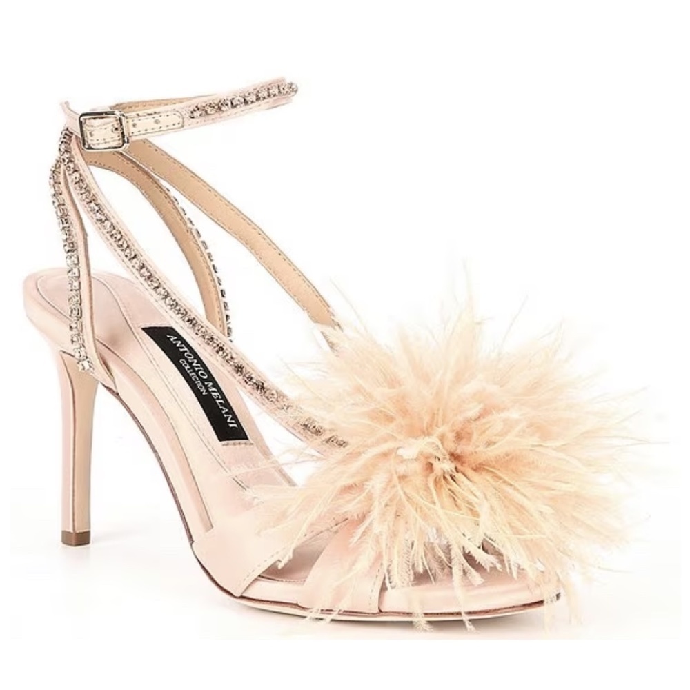 NEW Antonio Melani Collection Aurora Feathered Rhinestone Dress Sandals in Blush
